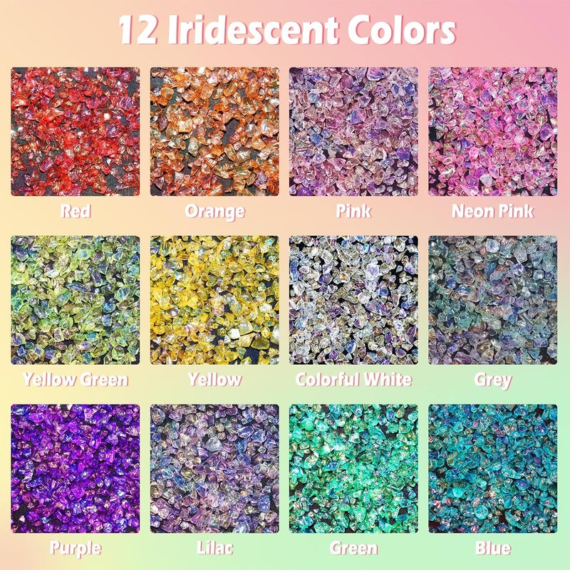 Matio 12 Colors Iridescent Crushed Glass, Irregular Chunky Glitter, Sprinkle Chips for Resin Epoxy Jewelry DIY, Shattered Glass Crystal Flakes Sequins for Nail Art Makeup Decoration Vase Filler - Image 4
